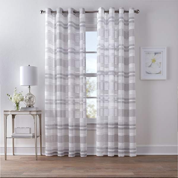 Light Grey Striped Textured Sheer Grommet Curtain Panel, 84"
