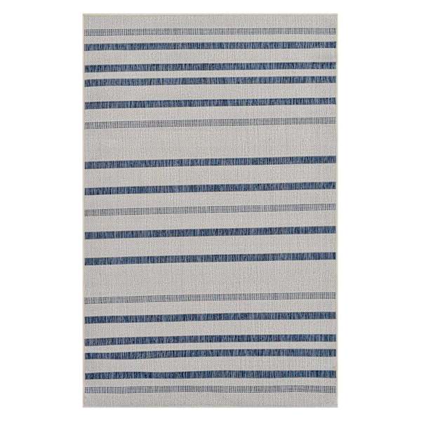 (E284) Honeybloom Terrace Ivory & Blue Nautical Striped Sisal Indoor & Outdoor Accent Rug, 3x5
