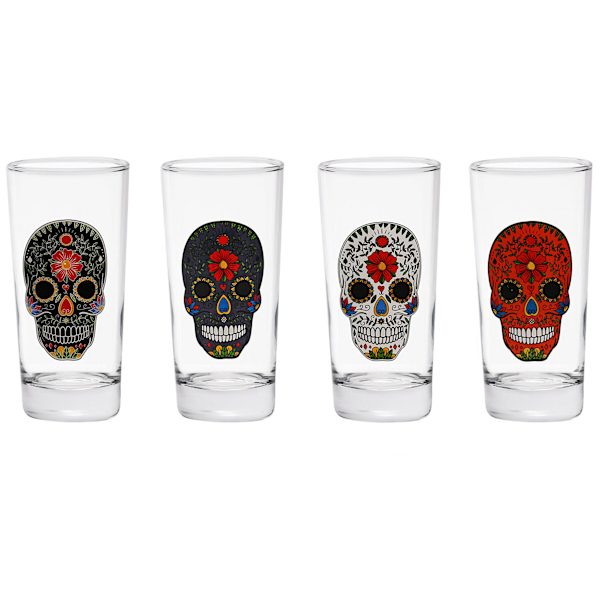 Set of 4 Sugar Skull Decal Highball Glass Set