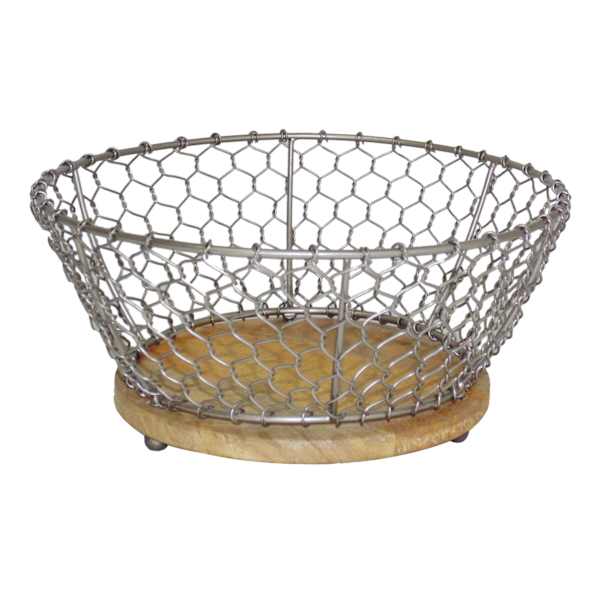 Iron Chicken Wire Basket with Mango Wood Base, Small