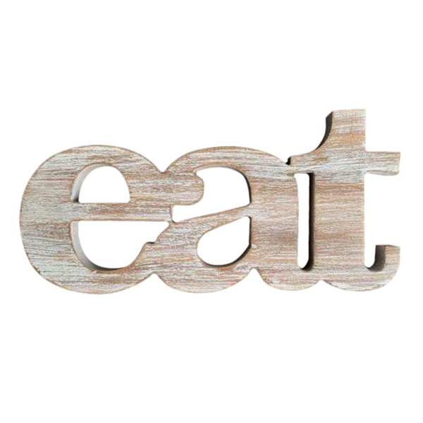 Eat Cutout Whitewashed Wooden Wall Sign, 13x6