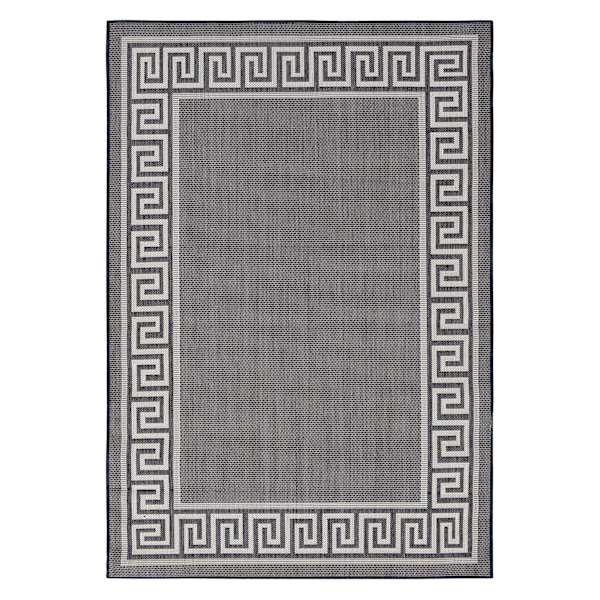 (E303) Dark Blue & Cream Greek Key Indoor & Outdoor Area Rug, 8x10