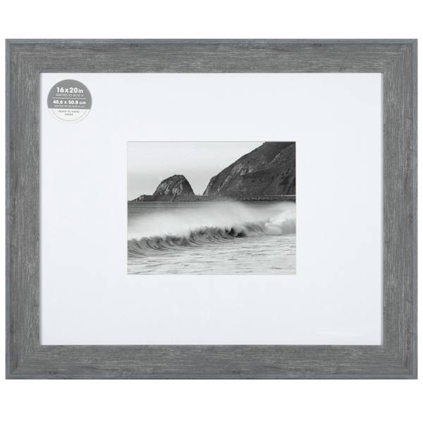16x20 Matted to 8x10 Wide Flat Profile with White Mat Wall Frame, Grey