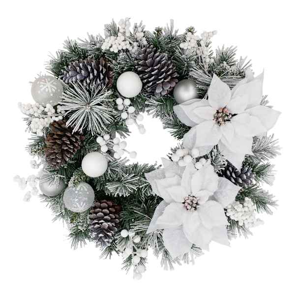 White Poinsettia, Ornament & Pine Wreath, 24"