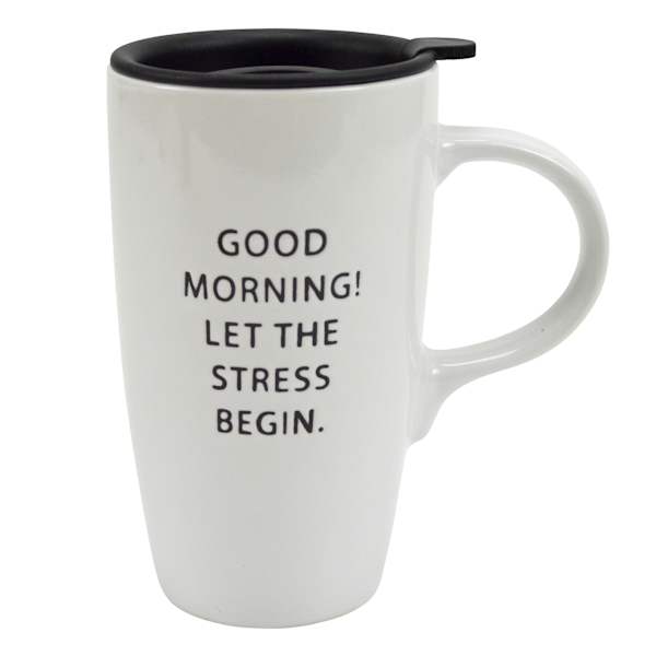 Let the Stress Begin White Mug with Lid