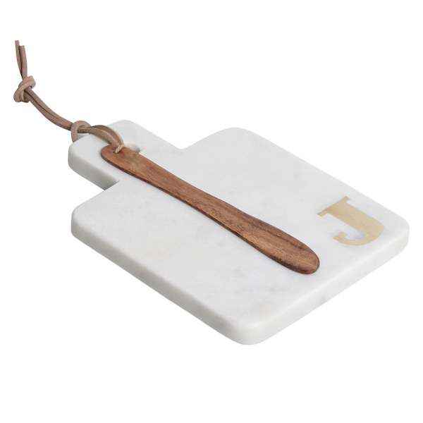 White Marbled Stoneware Monogramed Cheese Board, J