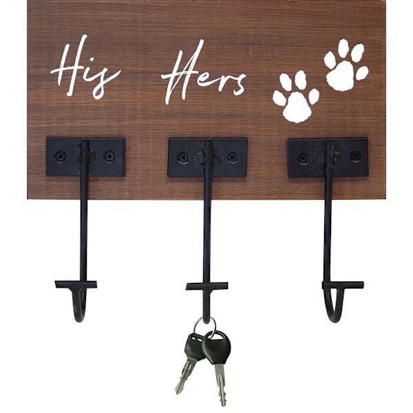 His, Hers, Pawprint Wooden Wall Sign with Hooks, 7X9