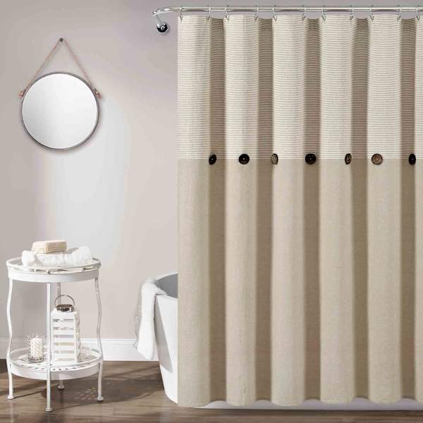 Tan Faux Linen Pleated Button Shower Curtain, 72"