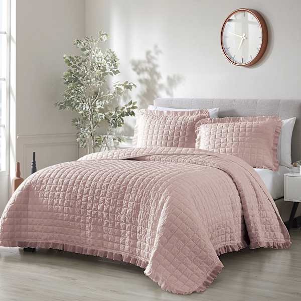 3-Piece Pink Crush Stitch Quilt Set, King