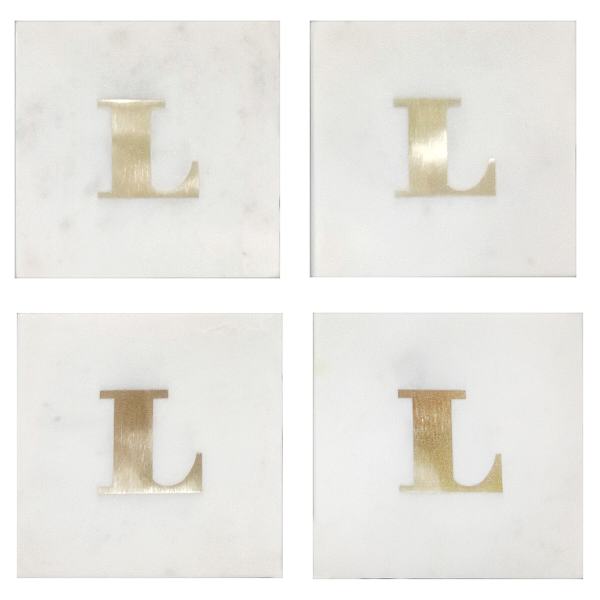 Set of 4 Marble & Brass Monogram Coasters, L