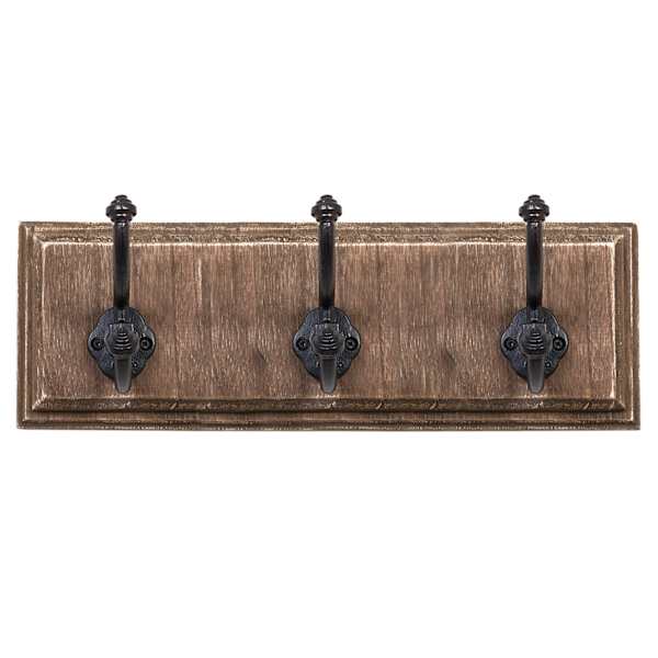 3-Hook Brown Wood & Metal Rustic Wall Hooks, 5x15