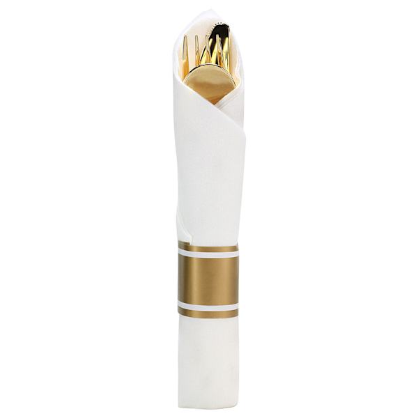 Lillian Table Settings 10-Count Polished Gold & White Rolled Cutlery Combo