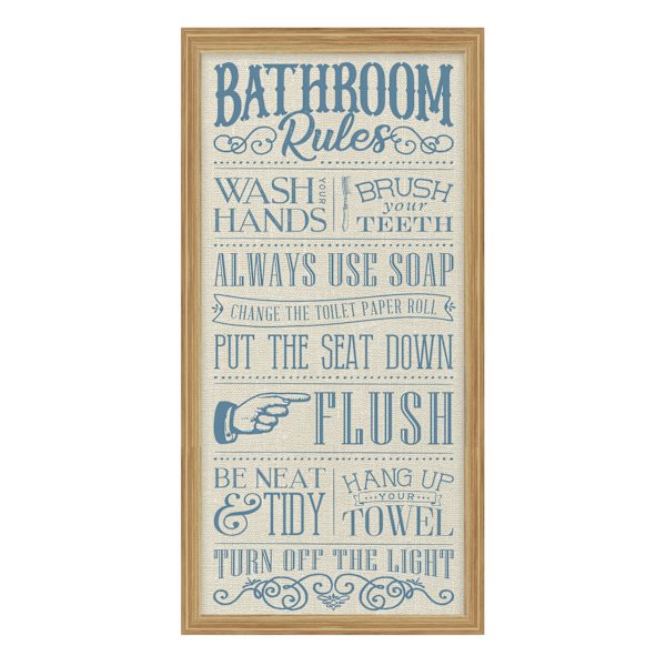 Bathroom Rules Framed Linen Wall Sign, 10x20
