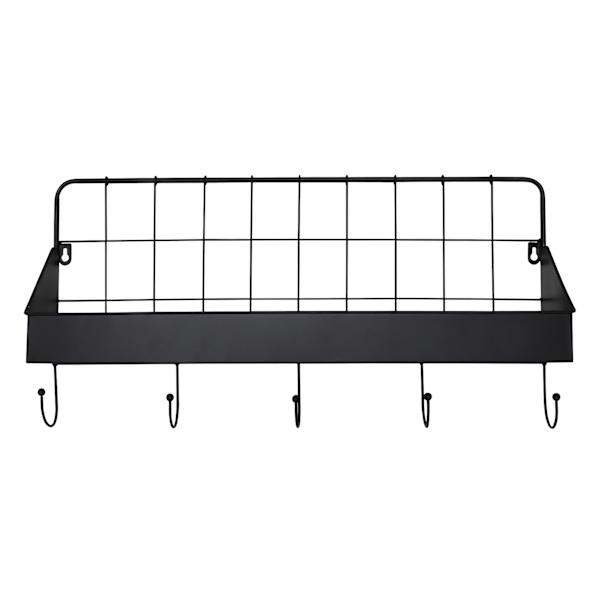 Black Metal Wall Shelf with Hooks, 24x12