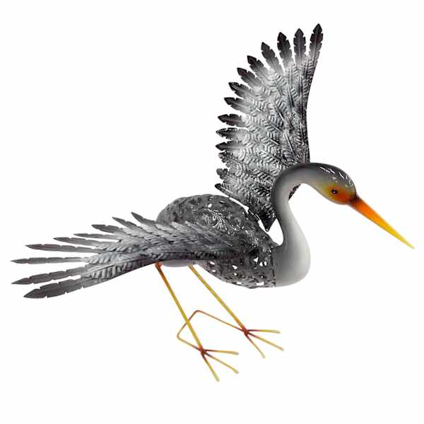 Grey Metal Water Crane Outdoor Garden Statue, 28"
