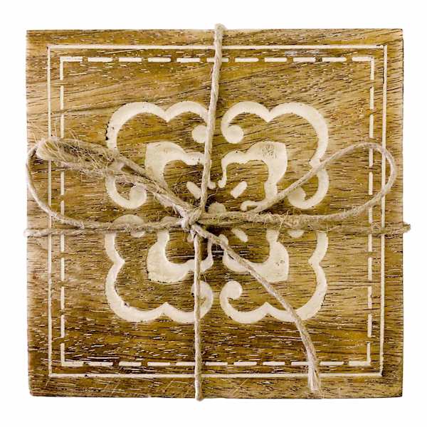 Set of 4 Etched Medallion Wooden Coasters