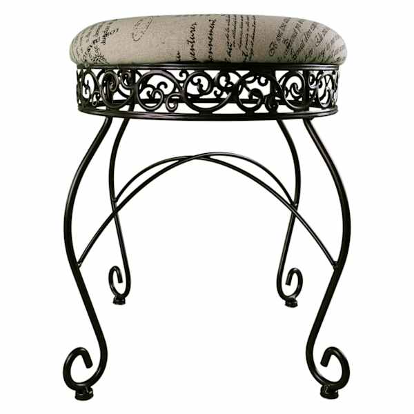 Round Metal Scroll Vanity Stool with French Script Cushion