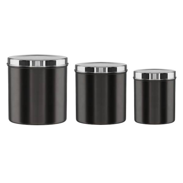 Set of 3 Black Nickel Metal Canister with Silver Lid