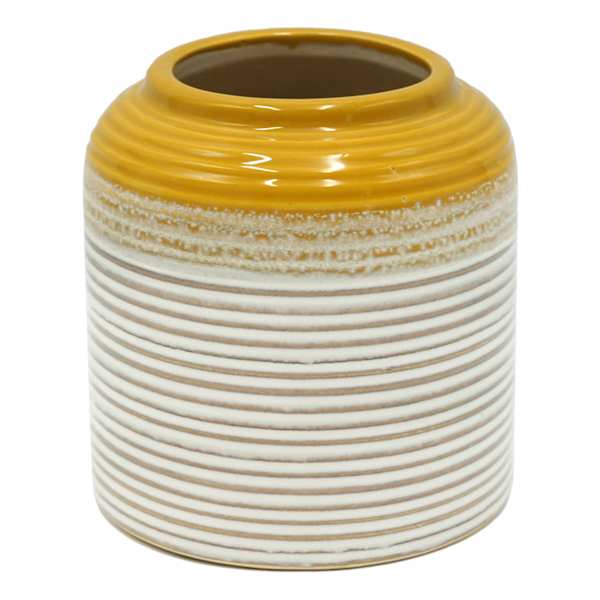 Yellow & White Striped Ceramic Vase, 5"