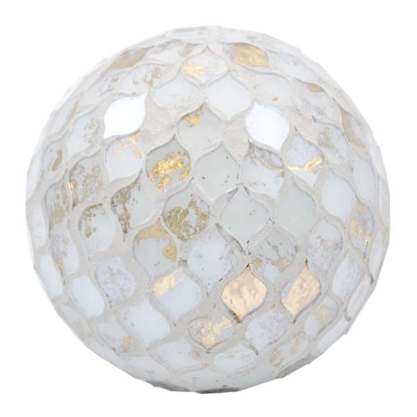 White & Gold Mosaic Glass Ball, 4"