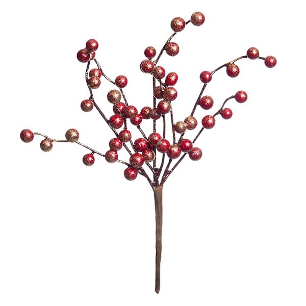 Red Glittered Berry Pick, 12"
