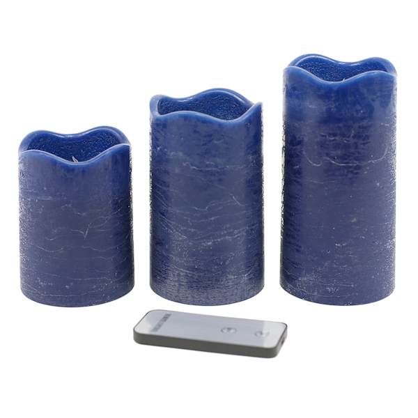 Honeybloom Set of 3 Dark Blue Wavy Top Wax LED Pillar Candles, 4"/5"/6"