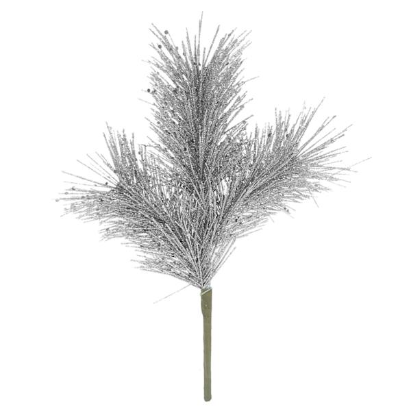 3-Head Silver Glittered Pine Pick, 11"