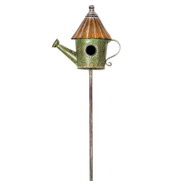 Green Metal Watering Can Birdhouse Yard Pick, 55"
