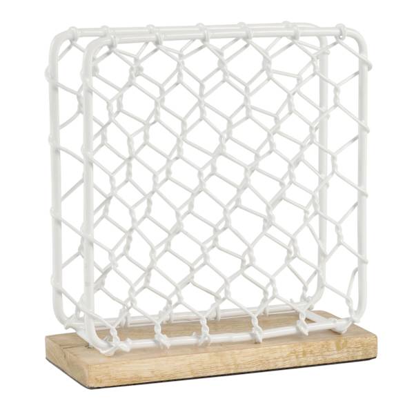 White Iron Chicken Wire Napkin Holder with Mango Wood Base