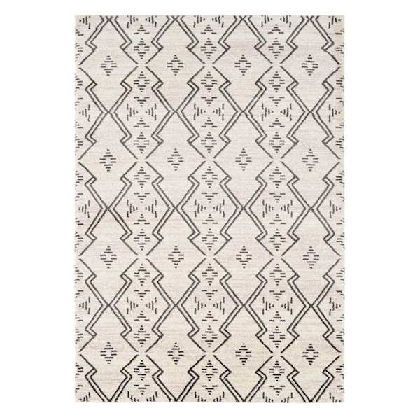 (A463) Raymond Ivory & Dark Grey Moroccan Styled Area Rug, 5x8