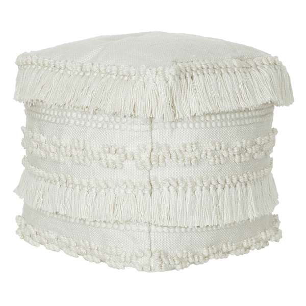 Tan Fringed Outdoor Pouf, 18"