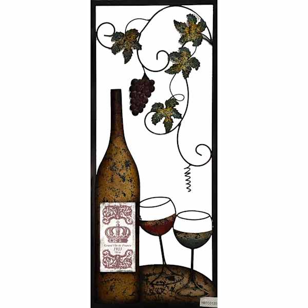 Metal Wine Bottle with Two Glasses Wall Decor, 13x32