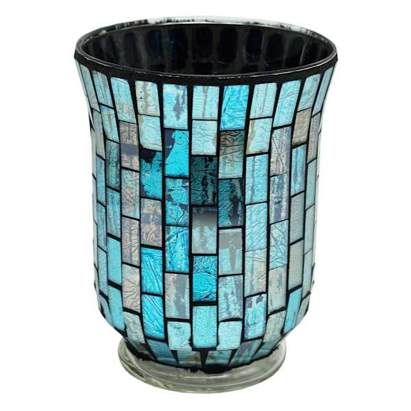 Blue Mosaic Glass Candle Holder, 6"