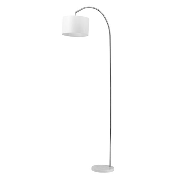 Silver Arc Floor Lamp with Marble Base & White Fabric Drum Shade, 70"