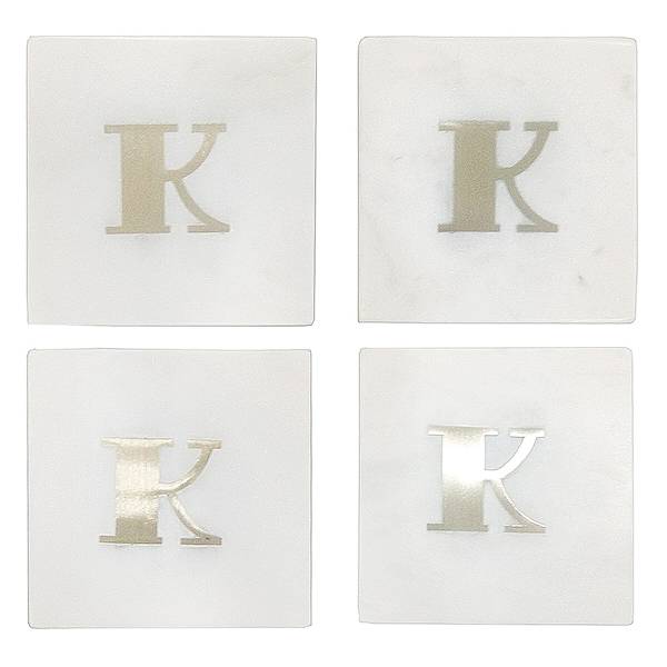 Set of 4 Marble & Brass Monogram Coasters, K