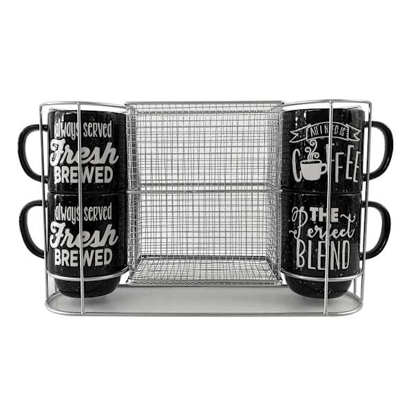 Set of 4 Stacked Black Mugs with Metal Stand, 14oz