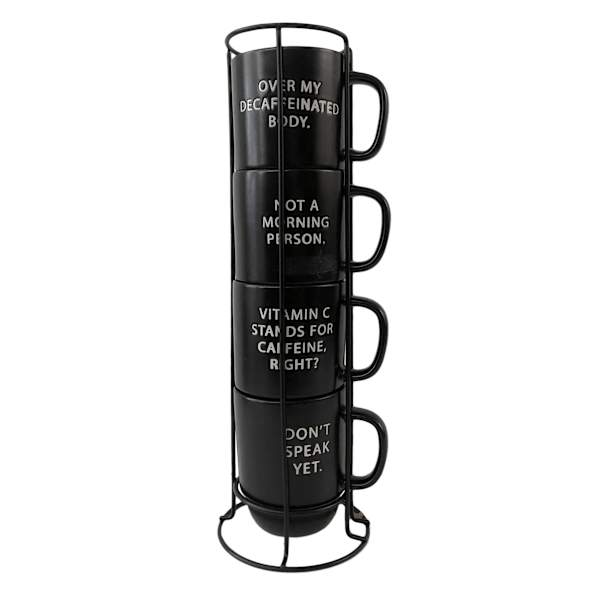 Set of 4 Stacked Get the Message Black Mugs, 14oz