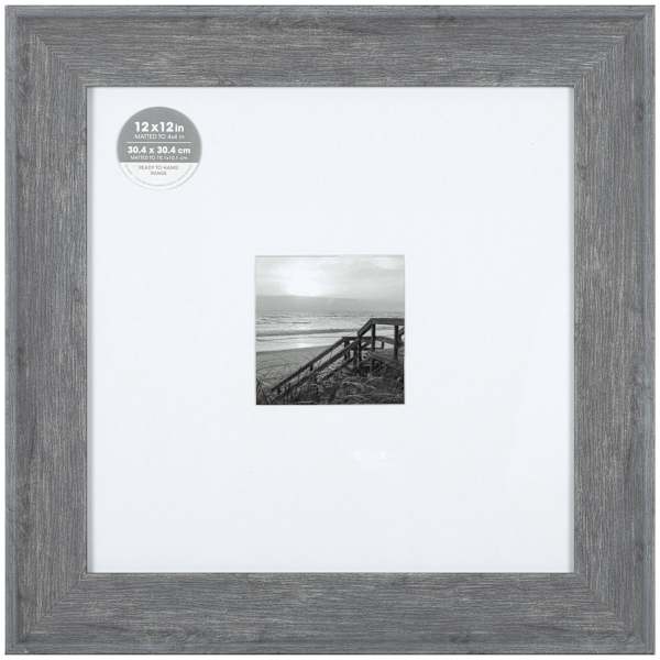 12x12 Matted to 4x4 Wide Flat Profile with White Mat Wall Frame, Grey