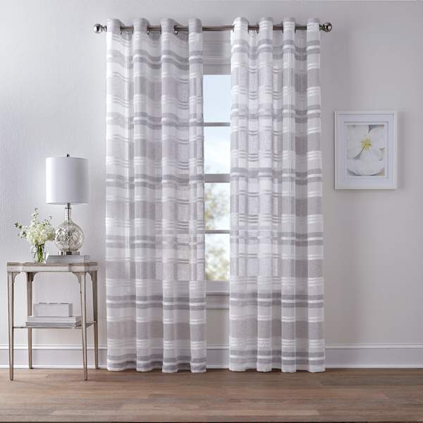Dakota Light Grey Textured Striped Sheer Grommet Curtain Panel, 63"