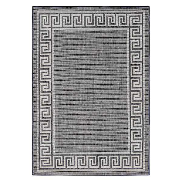 (E303) Dark Blue & Cream Greek Key Indoor & Outdoor Area Rug, 5x7