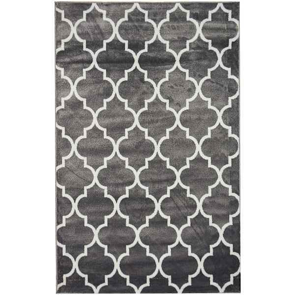 (D394) Dark Grey & White Quatrefoil Design Area Rug, 5x7