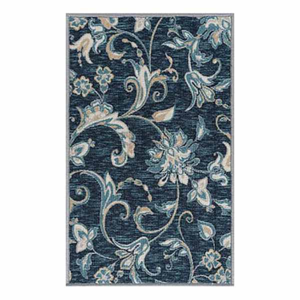 (D406) Navy Blue Floral Design Accent Rug, 2x4