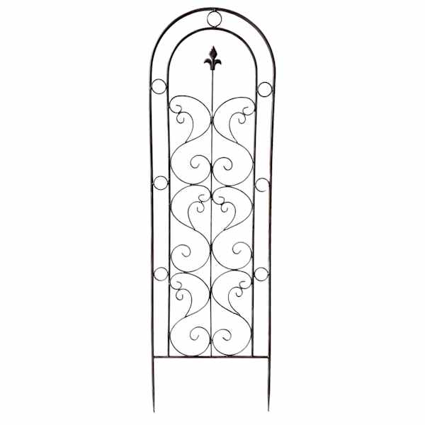 Antique Grey Metal Fleur-De-Lis Scroll Garden Trellis, 54"