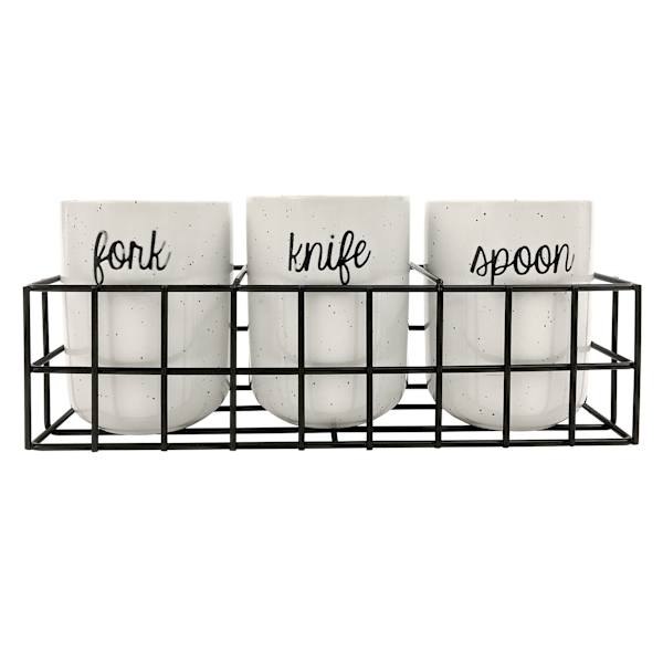 4-Piece Flatware Caddy Set White Cylinder Holder Black Metal Rack