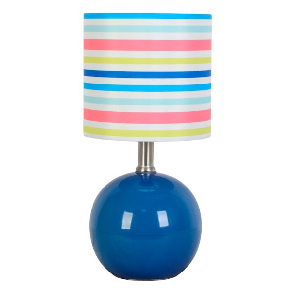 Tiny Dreamers Round Blue Ceramic Lamp with Striped Shade, 14"