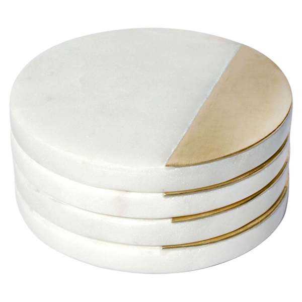 Set of 4 White Marble & Brass Inlay Coasters