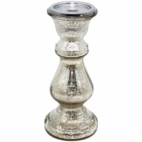 Distressed Mercury Glass Pillar Candle Holder, 12"