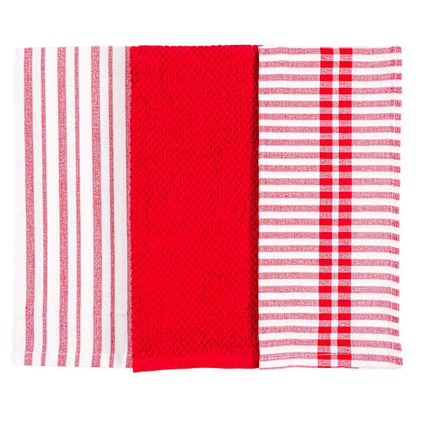 Set of 3 Mixed Red Flat Terry Kitchen Towels