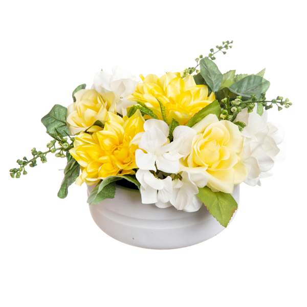 Yellow Dahlia Floral Arrangement with Cement Planter, 12"