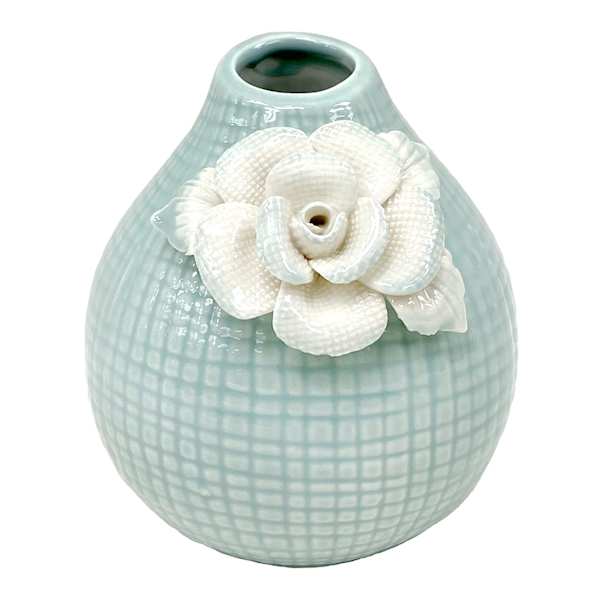 Grace Mitchell Blue Etched Ceramic Bud Vase with White Flower, 6"